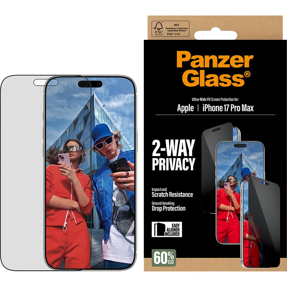 Sichtschutzglas mit Applikator für iPhone 17 Pro Max, PanzerGlass 2-way Ultra-Wide Fit Privacy Plus EasyAligner
