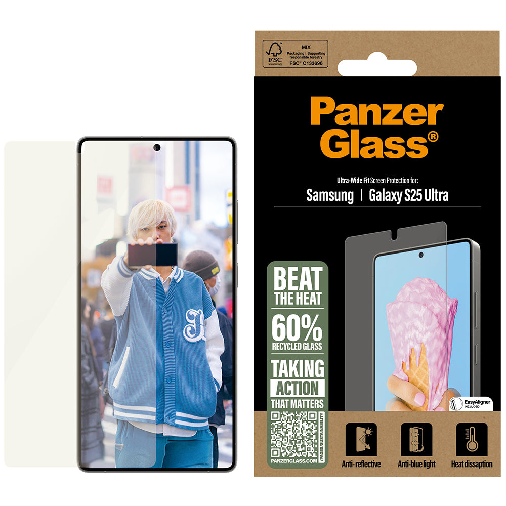 Gehärtetes Glas mit Blaulichtfilter, wärmeleitfähig für Galaxy S25 Ultra, PanzerGlass All-In-One Ultra-Wide-Fit, Transparent