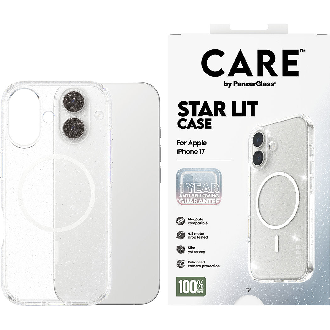 Handyhülle für iPhone 17, CARE by PanzerGlass Flagship Star Lit Case mit MagSafe, Transparent mit Glitzer