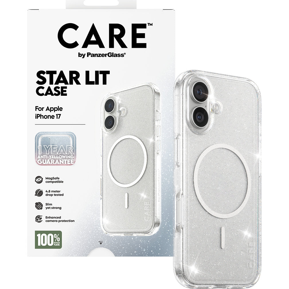 Handyhülle für iPhone 17, CARE by PanzerGlass Flagship Star Lit Case mit MagSafe, Transparent mit Glitzer