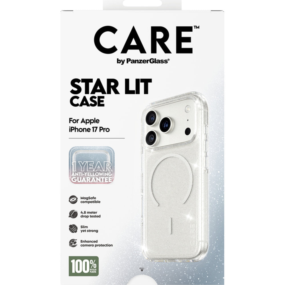 Handyhülle für iPhone 17 Pro, CARE by PanzerGlass Flagship Star Lit Case mit MagSafe, Transparent mit Glitzer