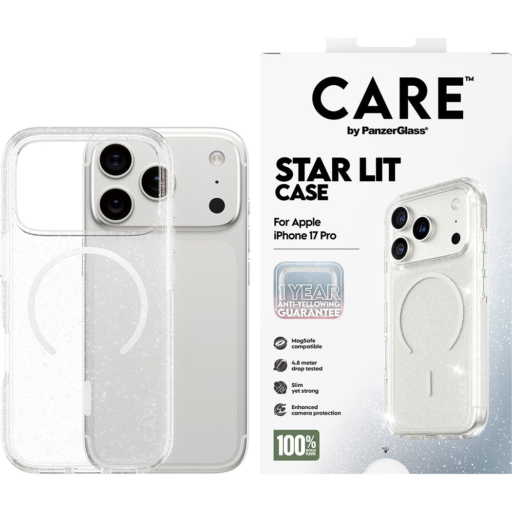 Handyhülle für iPhone 17 Pro, CARE by PanzerGlass Flagship Star Lit Case mit MagSafe, Transparent mit Glitzer