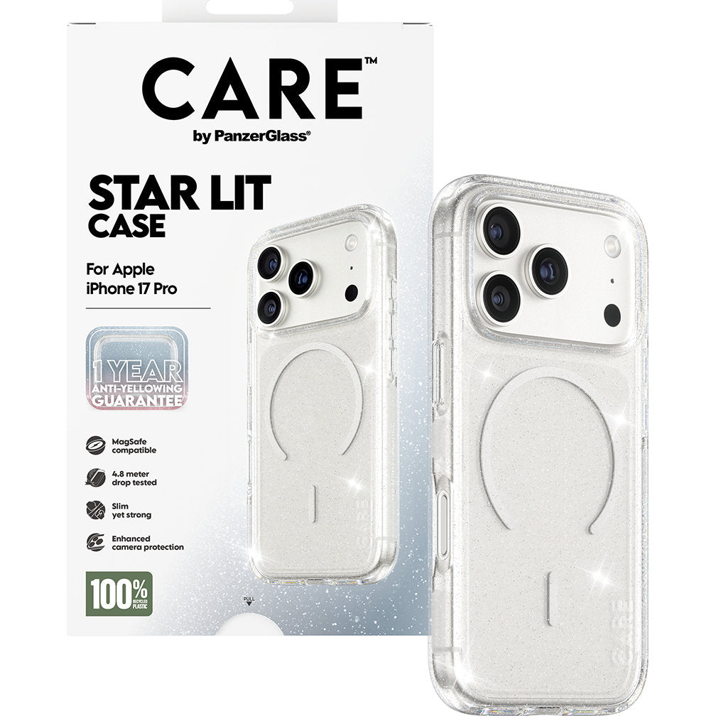 Handyhülle für iPhone 17 Pro, CARE by PanzerGlass Flagship Star Lit Case mit MagSafe, Transparent mit Glitzer