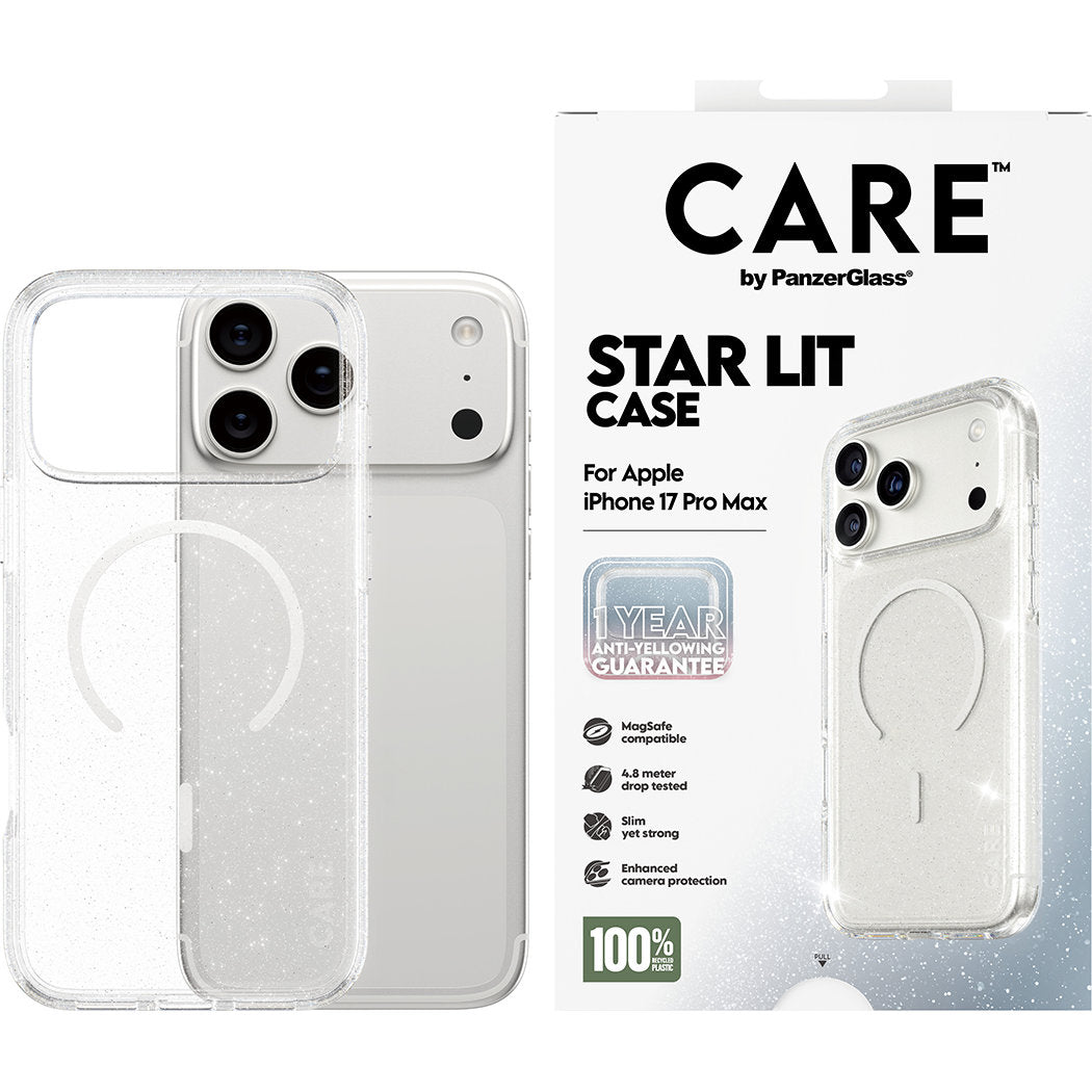 Handyhülle für iPhone 17 Pro Max, CARE by PanzerGlass Flagship Star Lit Case mit MagSafe, Transparent mit Glitzer