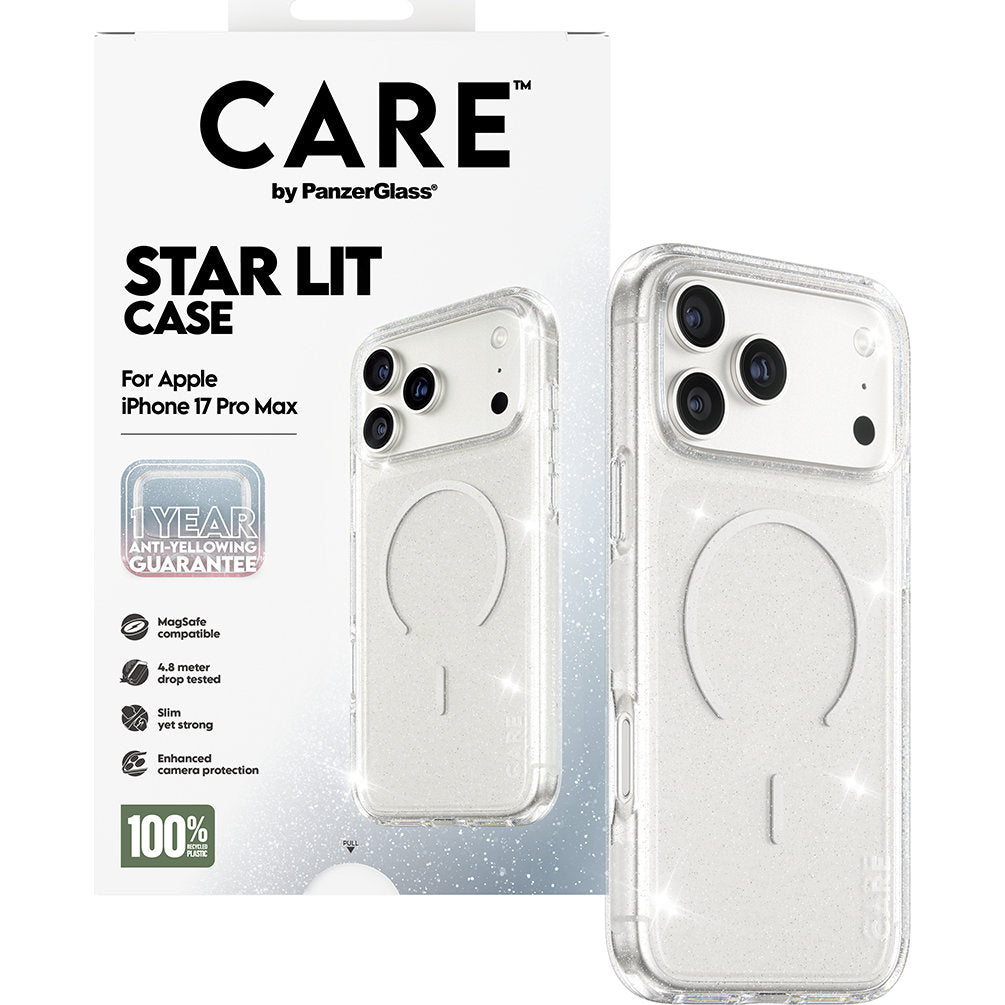 Handyhülle für iPhone 17 Pro Max, CARE by PanzerGlass Flagship Star Lit Case mit MagSafe, Transparent mit Glitzer