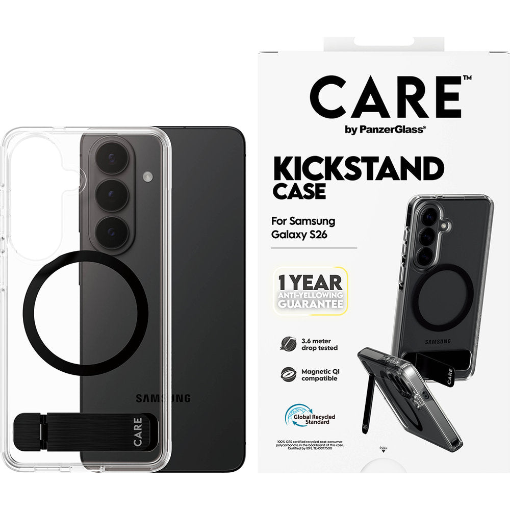 Handyhülle für Galaxy S26, CARE by PanzerGlass Kickstand Case mit MagSafe, Durchscheinend-Schwarz