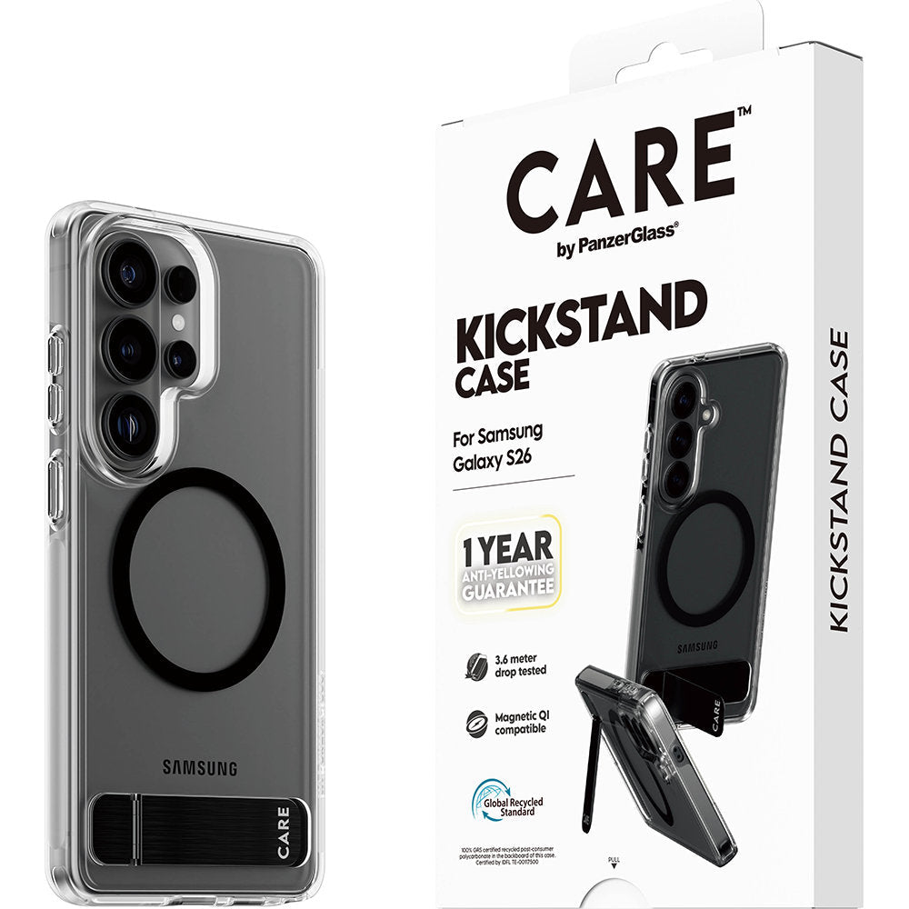 Handyhülle für Galaxy S26, CARE by PanzerGlass Kickstand Case mit MagSafe, Durchscheinend-Schwarz