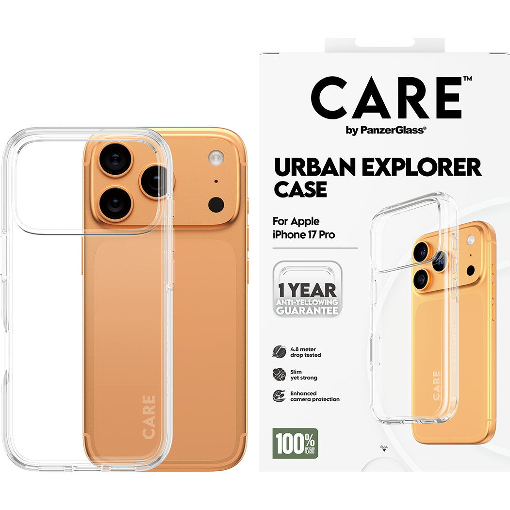 Handyhülle für iPhone 17 Pro, CARE by PanzerGlass Flagship Urban Explorer, Transparent