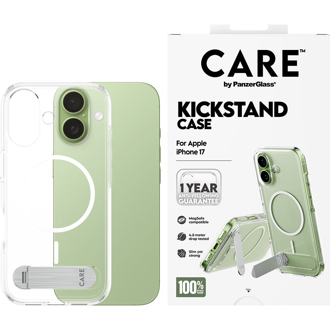 Handyhülle für iPhone 17, CARE by PanzerGlass Kickstand Case mit MagSafe, Transparent und Weiß