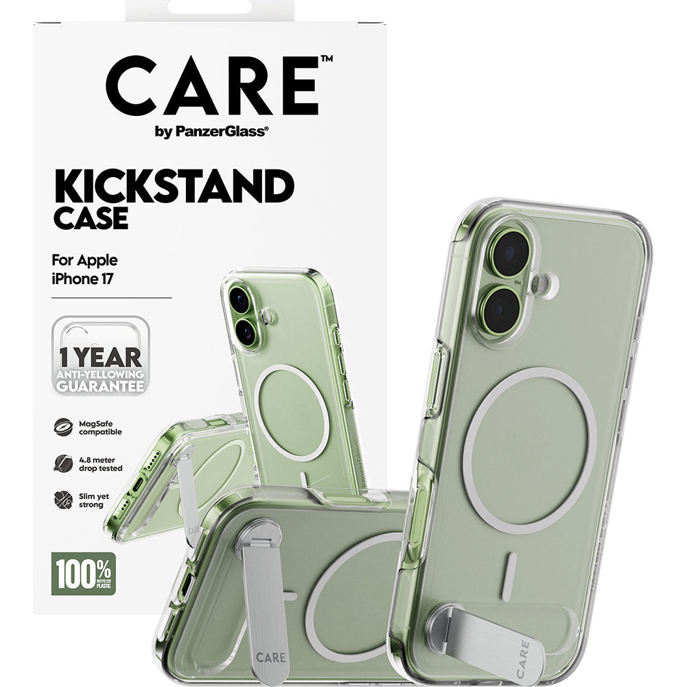 Handyhülle für iPhone 17, CARE by PanzerGlass Kickstand Case mit MagSafe, Transparent und Weiß