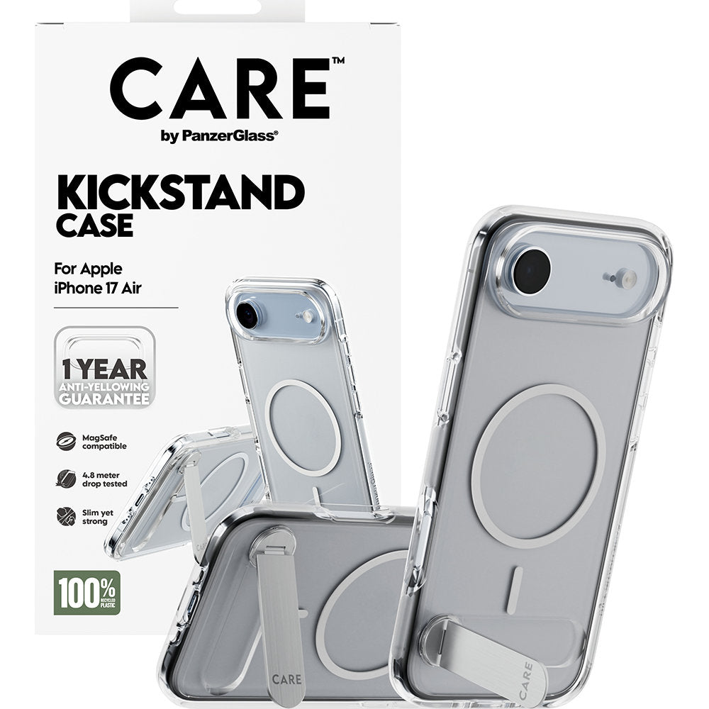 Handyhülle für iPhone Air, CARE by PanzerGlass Kickstand Case mit MagSafe, Transparent und Weiß