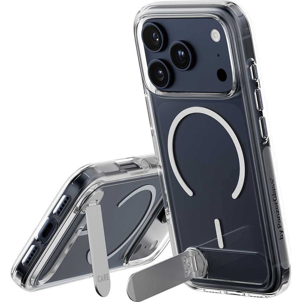 Handyhülle für iPhone 17 Pro, CARE by PanzerGlass Kickstand Case mit MagSafe, Transparent und Weiß