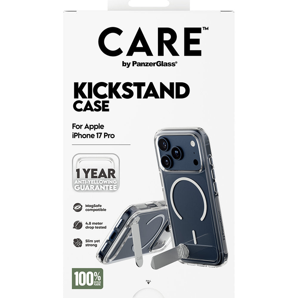 Handyhülle für iPhone 17 Pro, CARE by PanzerGlass Kickstand Case mit MagSafe, Transparent und Weiß