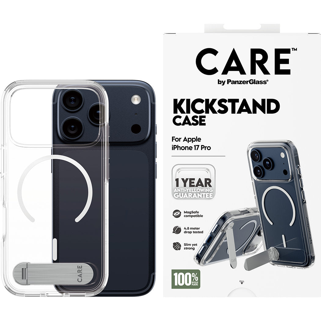 Handyhülle für iPhone 17 Pro, CARE by PanzerGlass Kickstand Case mit MagSafe, Transparent und Weiß