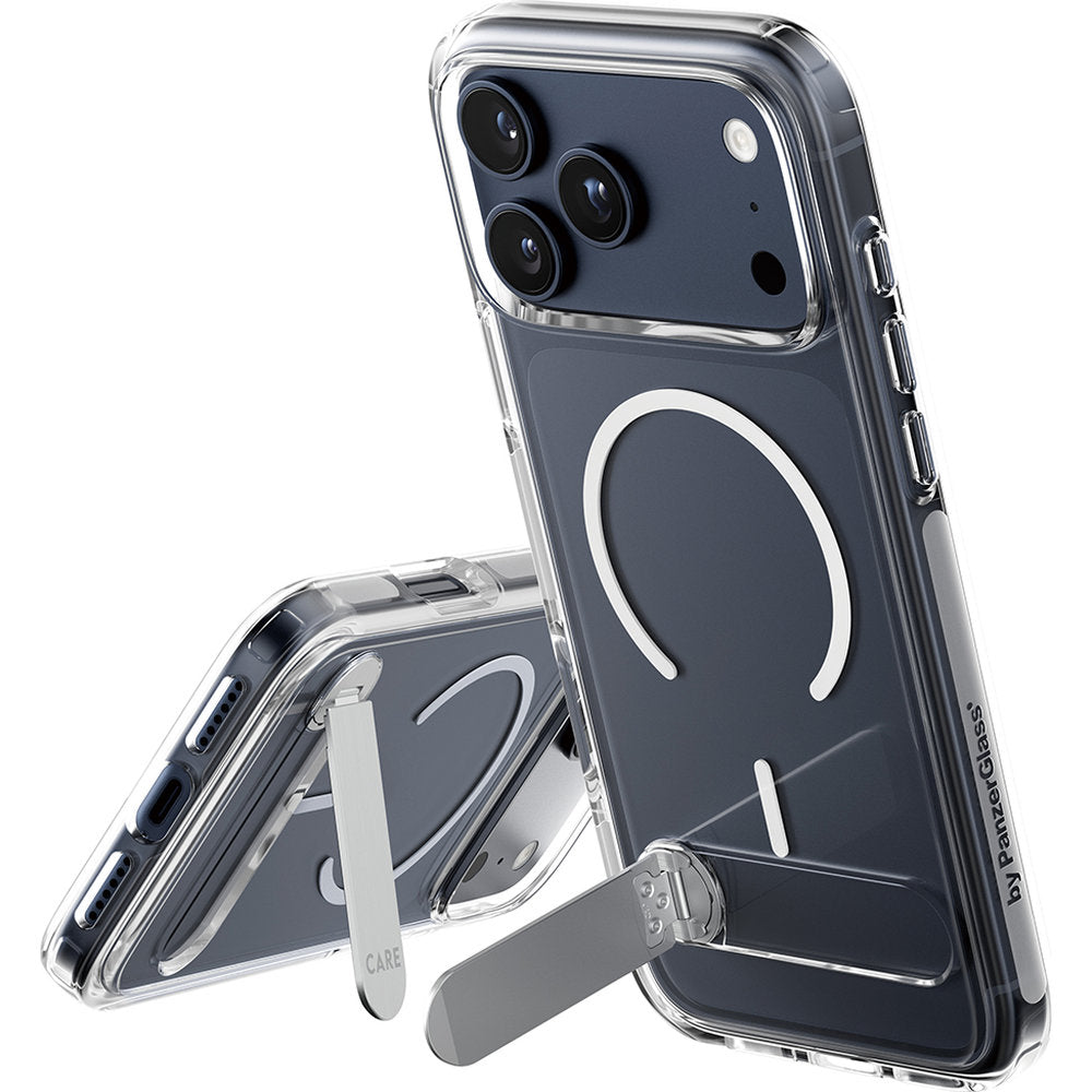 Handyhülle für iPhone 17 Pro Max, CARE by PanzerGlass Kickstand Case mit MagSafe, Transparent und Weiß