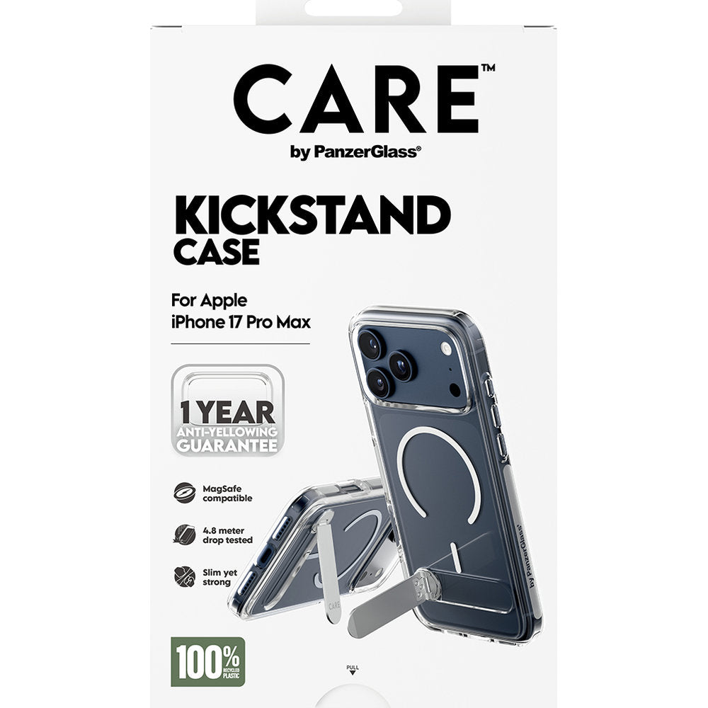Handyhülle für iPhone 17 Pro Max, CARE by PanzerGlass Kickstand Case mit MagSafe, Transparent und Weiß