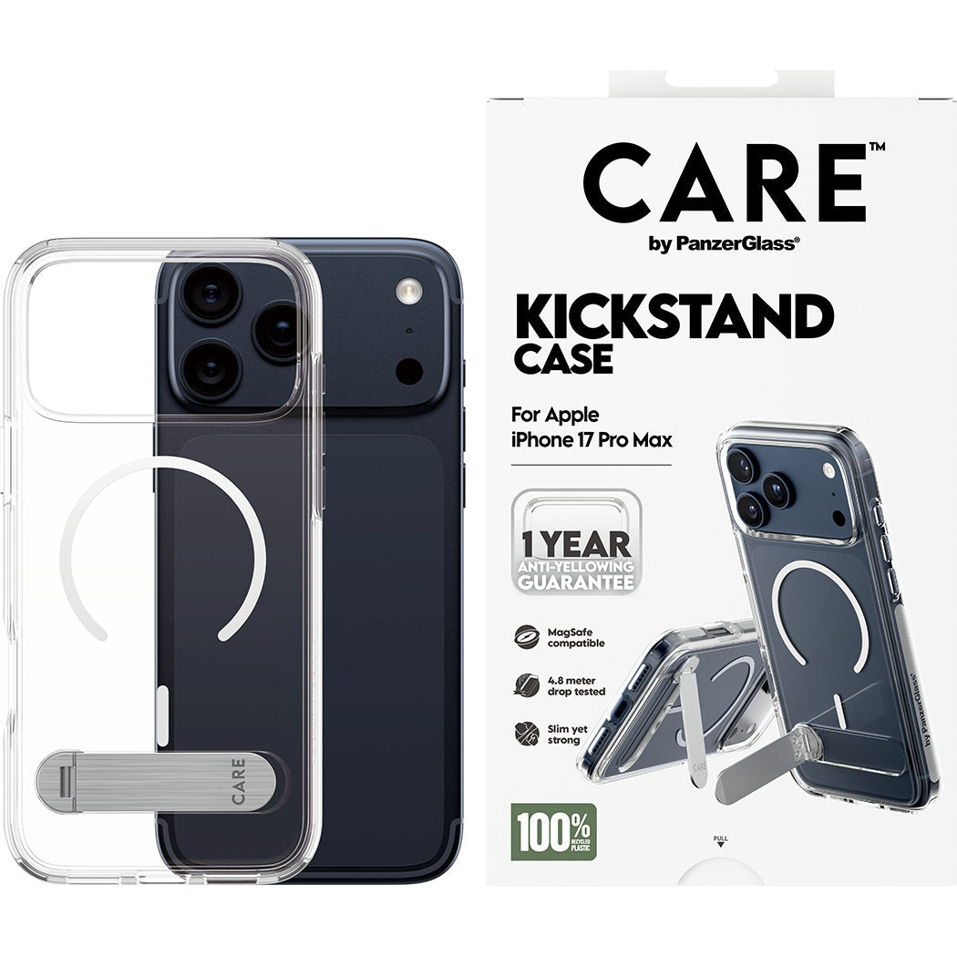 Handyhülle für iPhone 17 Pro Max, CARE by PanzerGlass Kickstand Case mit MagSafe, Transparent und Weiß