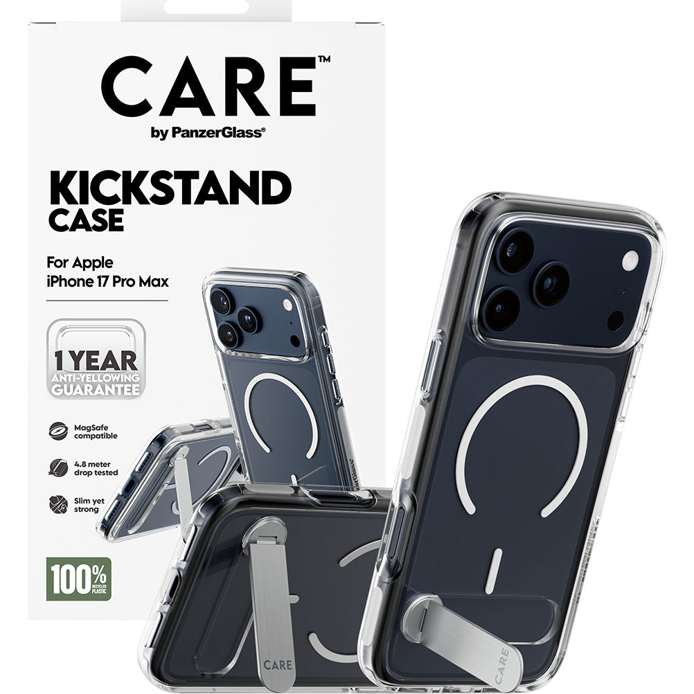 Handyhülle für iPhone 17 Pro Max, CARE by PanzerGlass Kickstand Case mit MagSafe, Transparent und Weiß