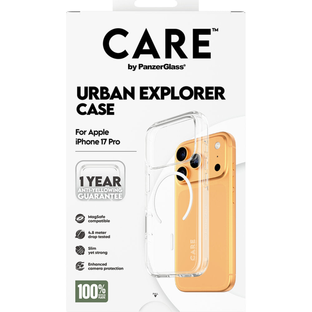 Handyhülle für iPhone 17 Pro, CARE by PanzerGlass Flagship Urban Explorer mit MagSafe, Transparent und Weiß