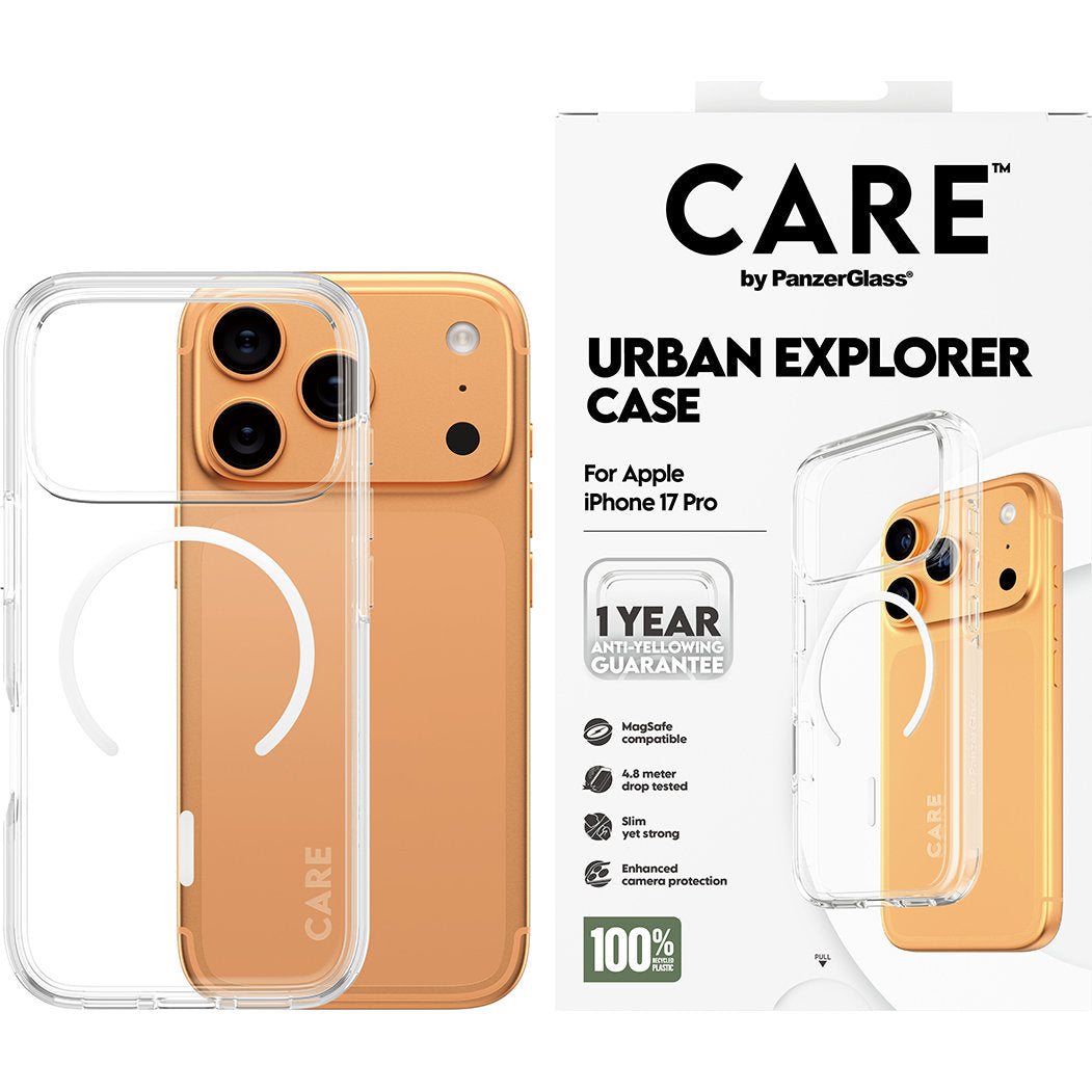 Handyhülle für iPhone 17 Pro, CARE by PanzerGlass Flagship Urban Explorer mit MagSafe, Transparent und Weiß