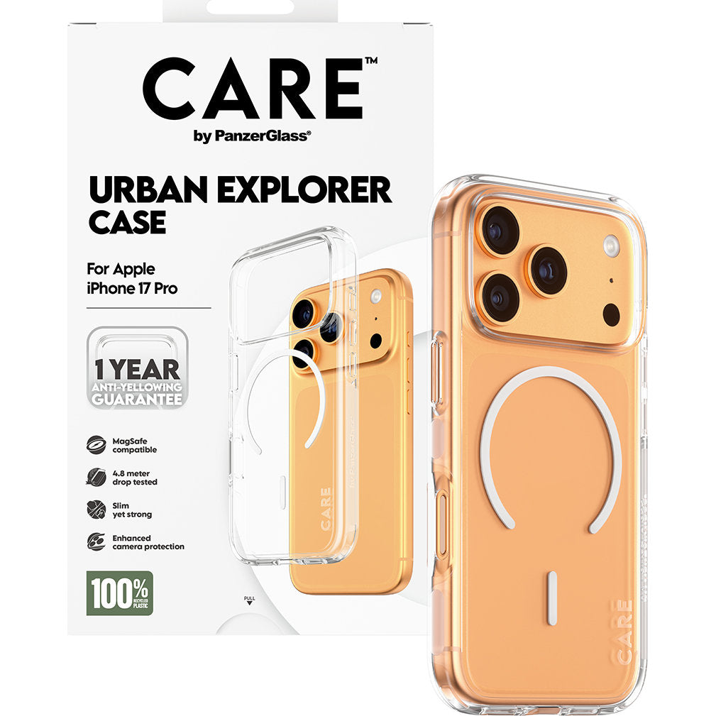 Handyhülle für iPhone 17 Pro, CARE by PanzerGlass Flagship Urban Explorer mit MagSafe, Transparent und Weiß