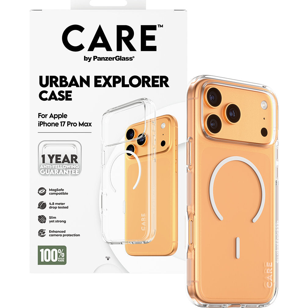 Handyhülle für iPhone 17 Pro Max, CARE by PanzerGlass Flagship Urban Explorer mit MagSafe, Transparent und Weiß
