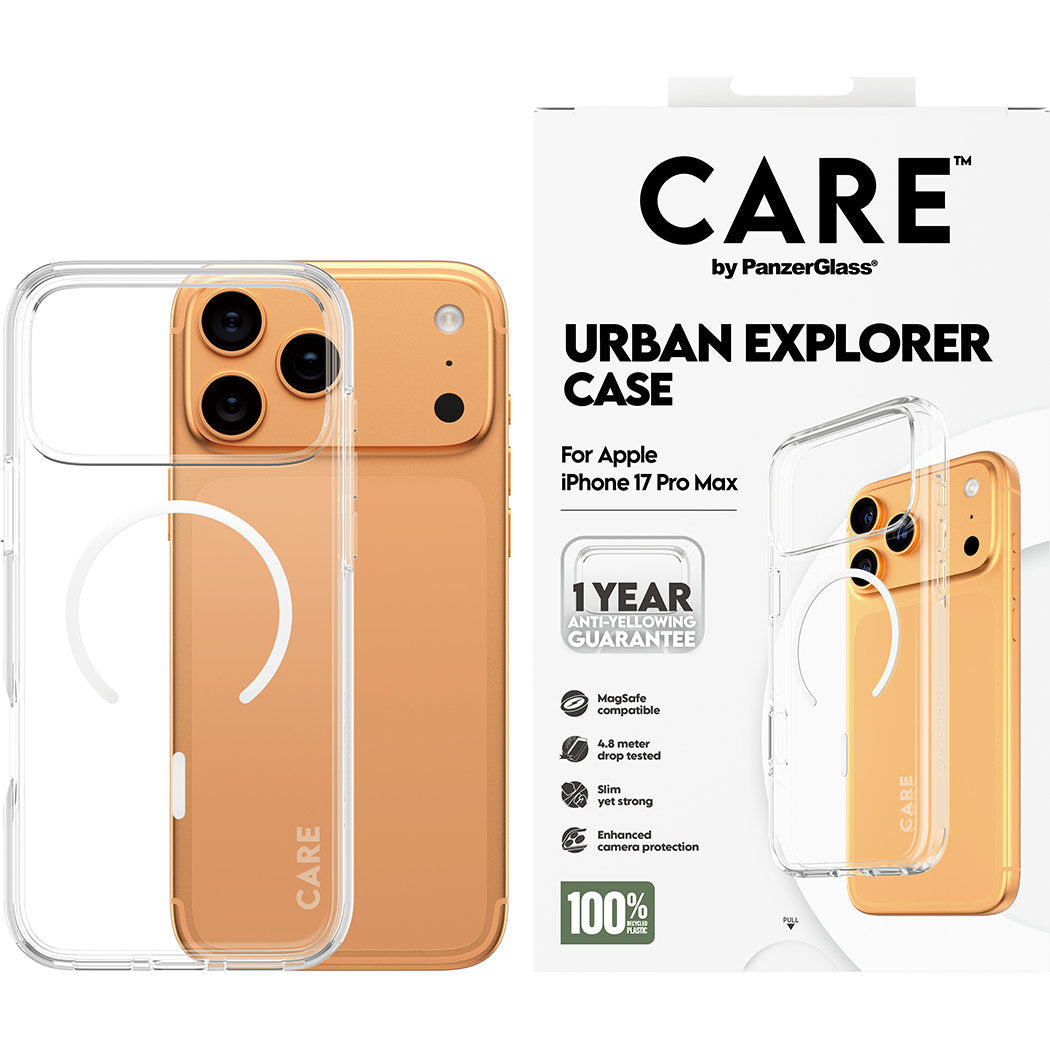Handyhülle für iPhone 17 Pro Max, CARE by PanzerGlass Flagship Urban Explorer mit MagSafe, Transparent und Weiß