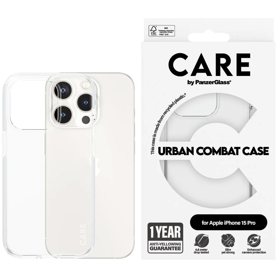 Handyhülle für iPhone 15 Pro, Care by PanzerGlass Urban Combat Case, Transparent