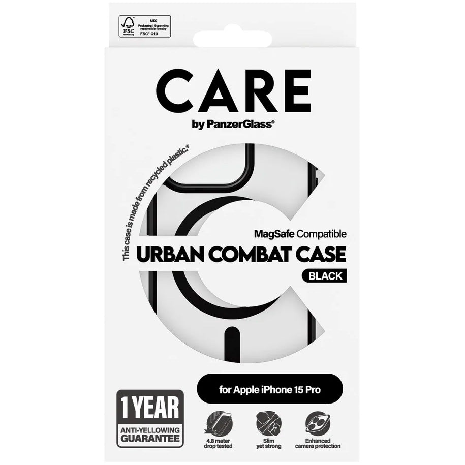 Handyhülle für iPhone 15 Pro, Care by PanzerGlass Urban Combat Case MagSafe, Transparent mit schwarz