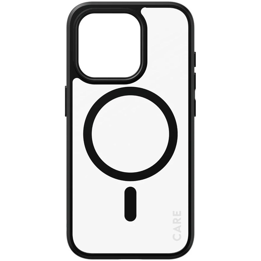 Handyhülle für iPhone 15 Pro, Care by PanzerGlass Urban Combat Case MagSafe, Transparent mit schwarz