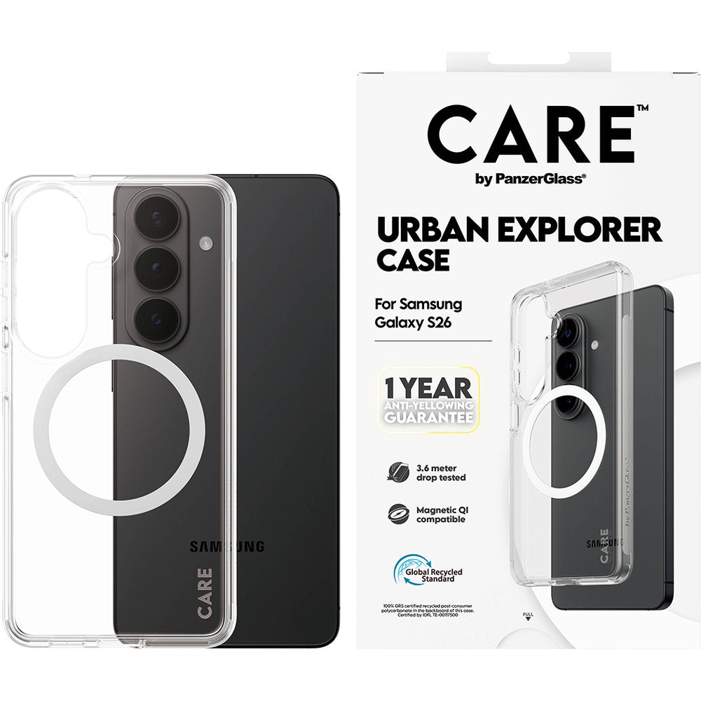 Handyhülle für Galaxy S26, CARE by PanzerGlass Urban Explorer Case mit MagSafe, Transparent und Weiß