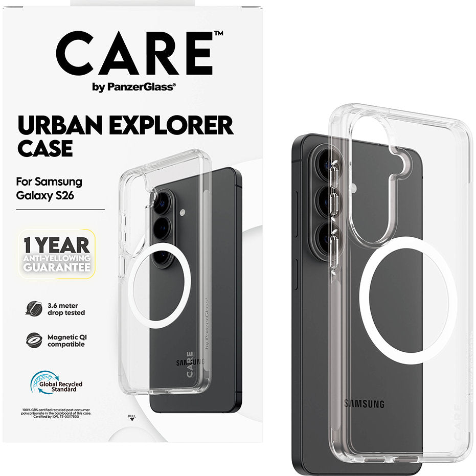 Handyhülle für Galaxy S26, CARE by PanzerGlass Urban Explorer Case mit MagSafe, Transparent und Weiß
