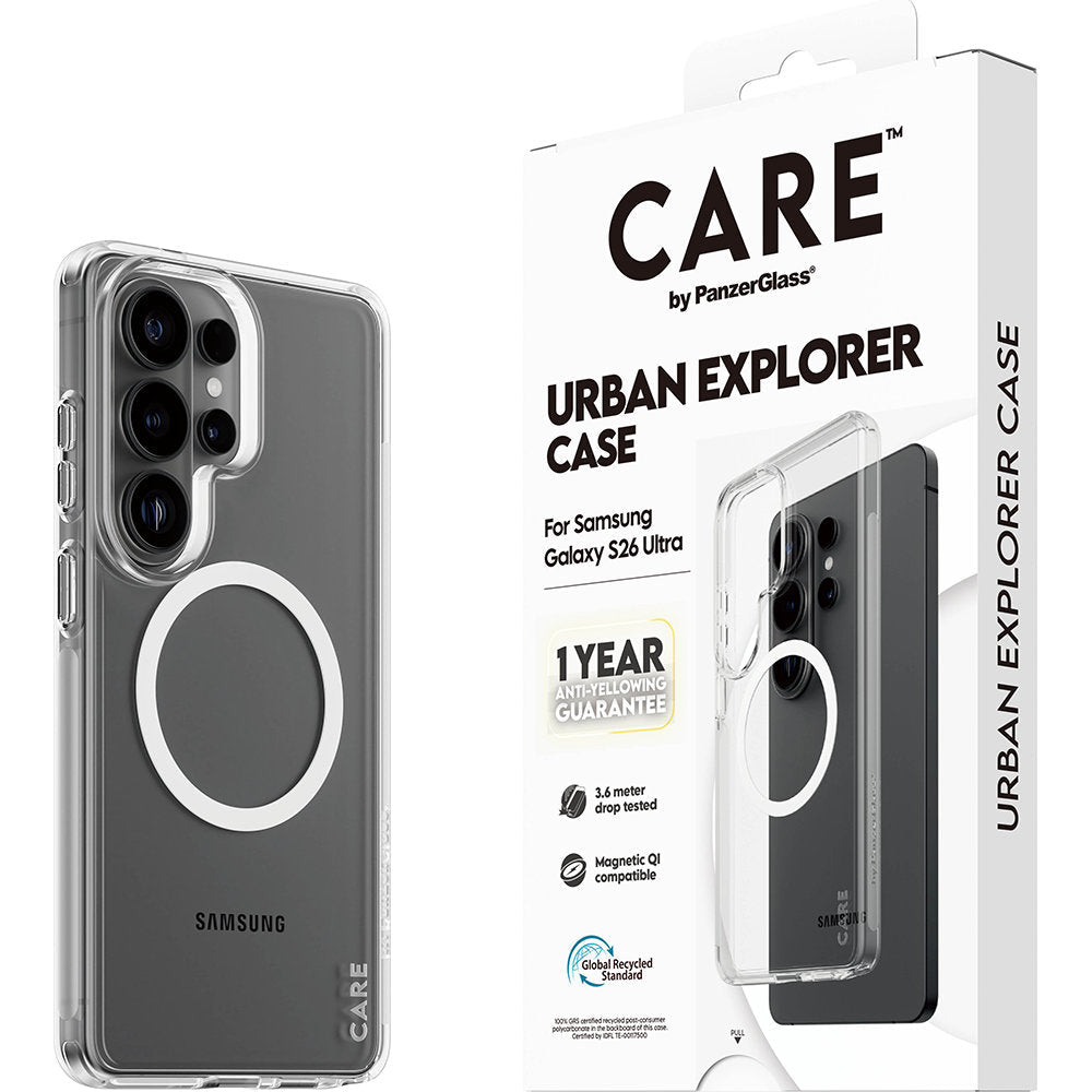 Handyhülle für Galaxy S26 Plus, CARE by PanzerGlass Urban Explorer Case mit MagSafe, Transparent und Weiß
