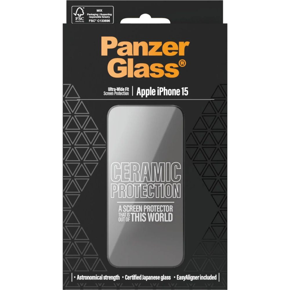 Gehärtetes Glas für iPhone 15, PanzerGlass Ceramic Ultra-Wide-Fit Easy Aligner
