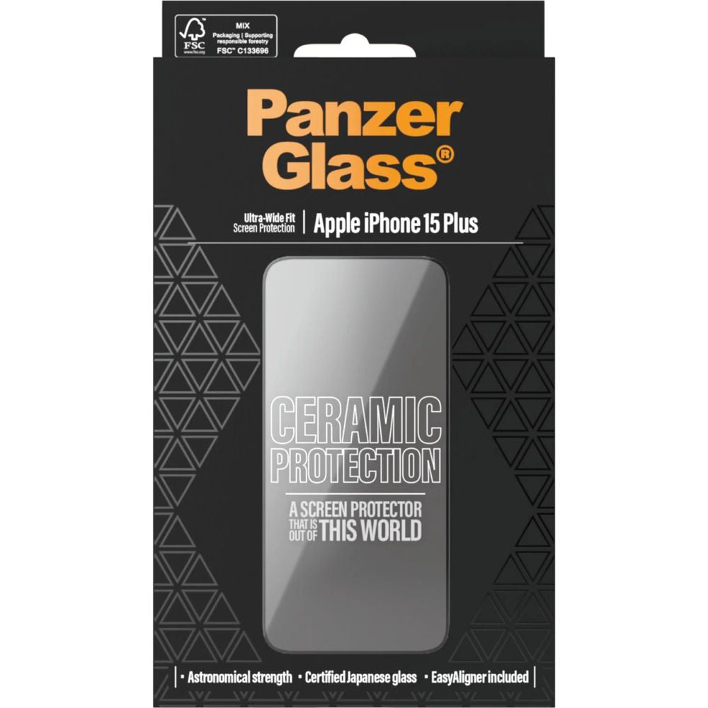 Gehärtetes Glas für iPhone 15 Plus, PanzerGlass Ceramic Ultra-Wide-Fit Easy Aligner