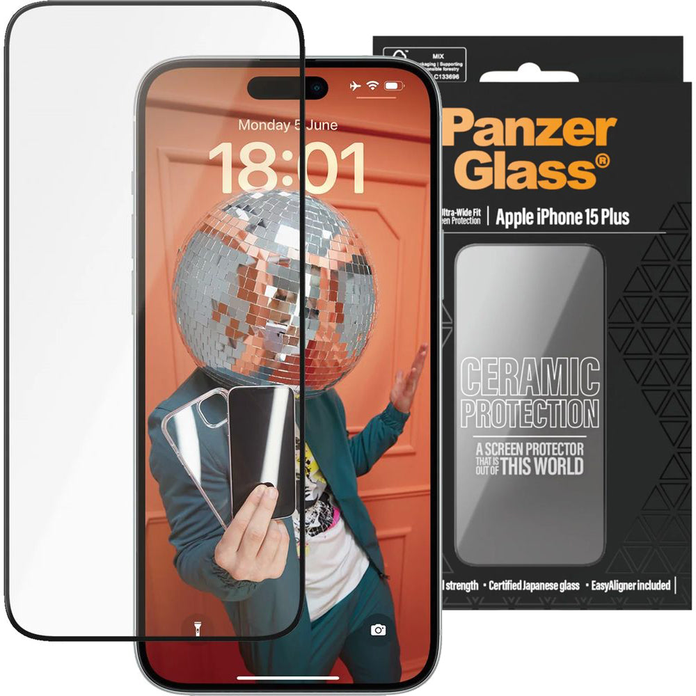 Gehärtetes Glas für iPhone 15 Plus, PanzerGlass Ceramic Ultra-Wide-Fit Easy Aligner