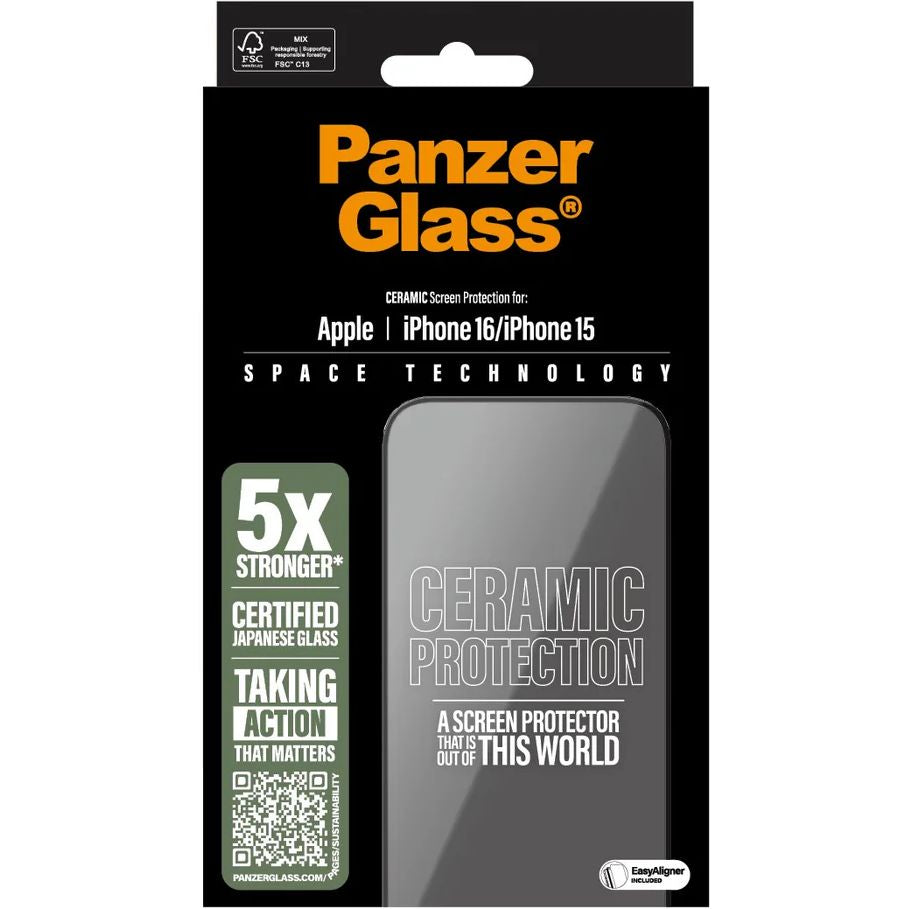 Gehärtetes Glas für iPhone 16 / iPhone 15, PanzerGlass Ceramic Ultra-Wide Fit + EasyAligner