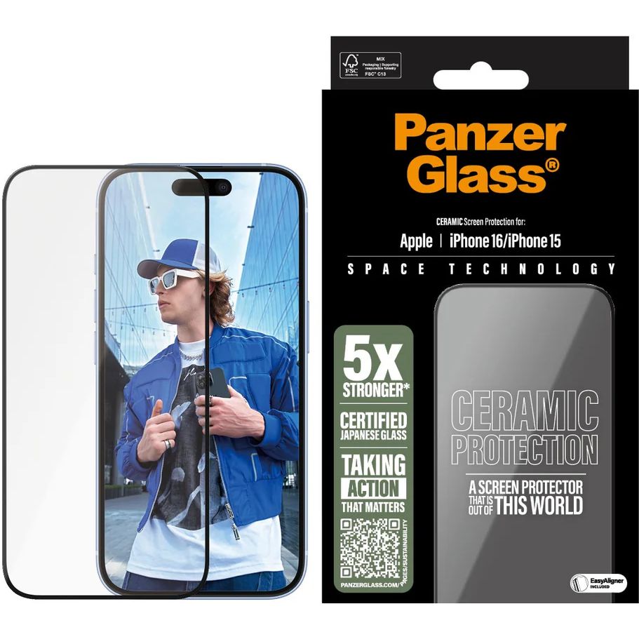 Gehärtetes Glas für iPhone 16 / iPhone 15, PanzerGlass Ceramic Ultra-Wide Fit + EasyAligner