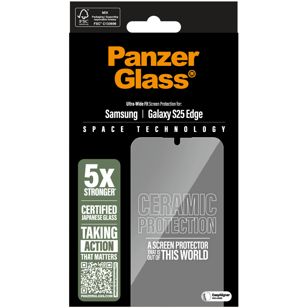 Gehärtetes Glas mit Applikator für Galaxy S25 Edge, PanzerGlass Ceramic Ultra-Wide Fit + EasyAligner