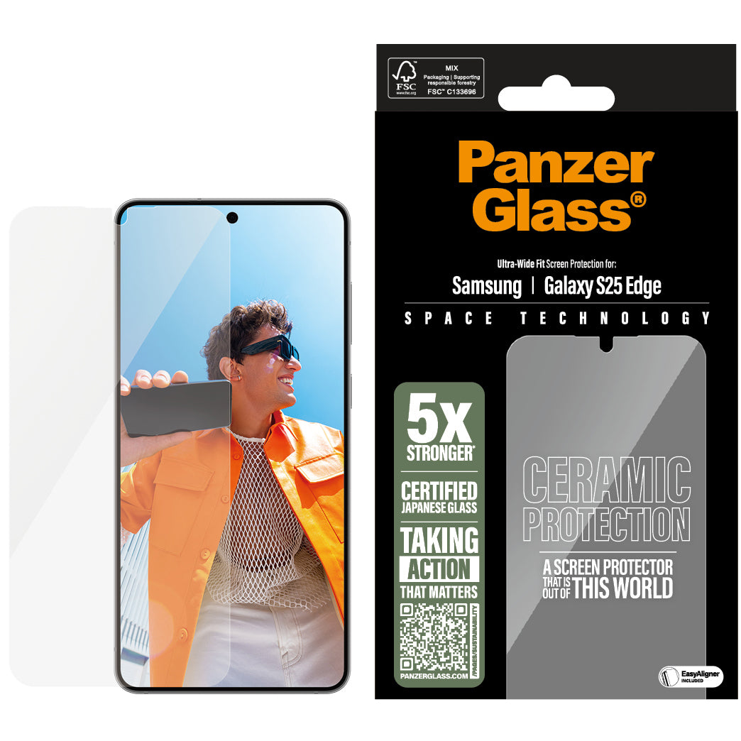 Gehärtetes Glas mit Applikator für Galaxy S25 Edge, PanzerGlass Ceramic Ultra-Wide Fit + EasyAligner