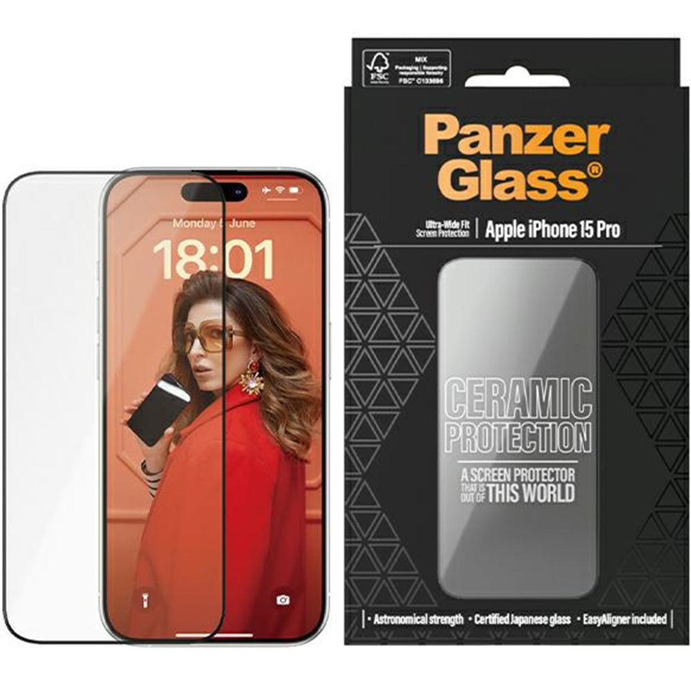 Gehärtetes Glas für iPhone 15 Pro, PanzerGlass Ceramic Ultra-Wide-Fit Easy Aligner