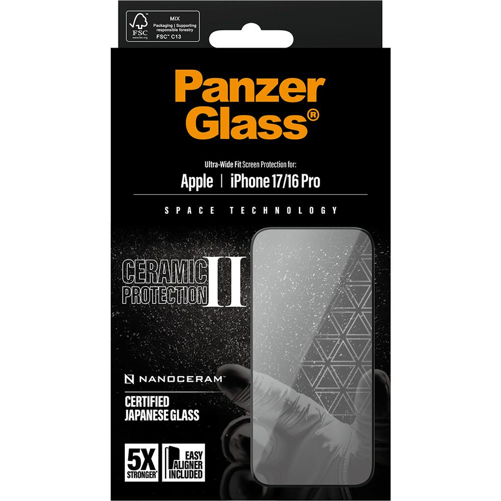 Gehärtetes Glas mit Applikator für iPhone 17 / 16 Pro, PanzerGlass Ceramic Ultra-Wide Fit + EasyAligner