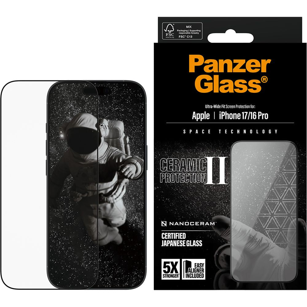 Gehärtetes Glas mit Applikator für iPhone 17 / 16 Pro, PanzerGlass Ceramic Ultra-Wide Fit + EasyAligner