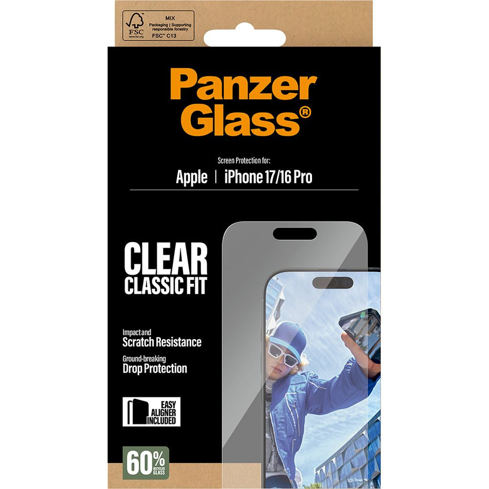 Gehärtetes Glas mit Applikator für iPhone 17 / 16 Pro, PanzerGlass Classic Fit EasyAligner