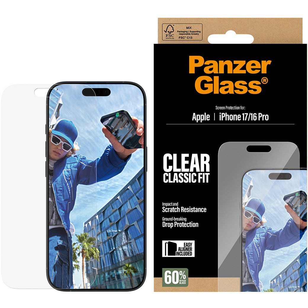 Gehärtetes Glas mit Applikator für iPhone 17 / 16 Pro, PanzerGlass Classic Fit EasyAligner