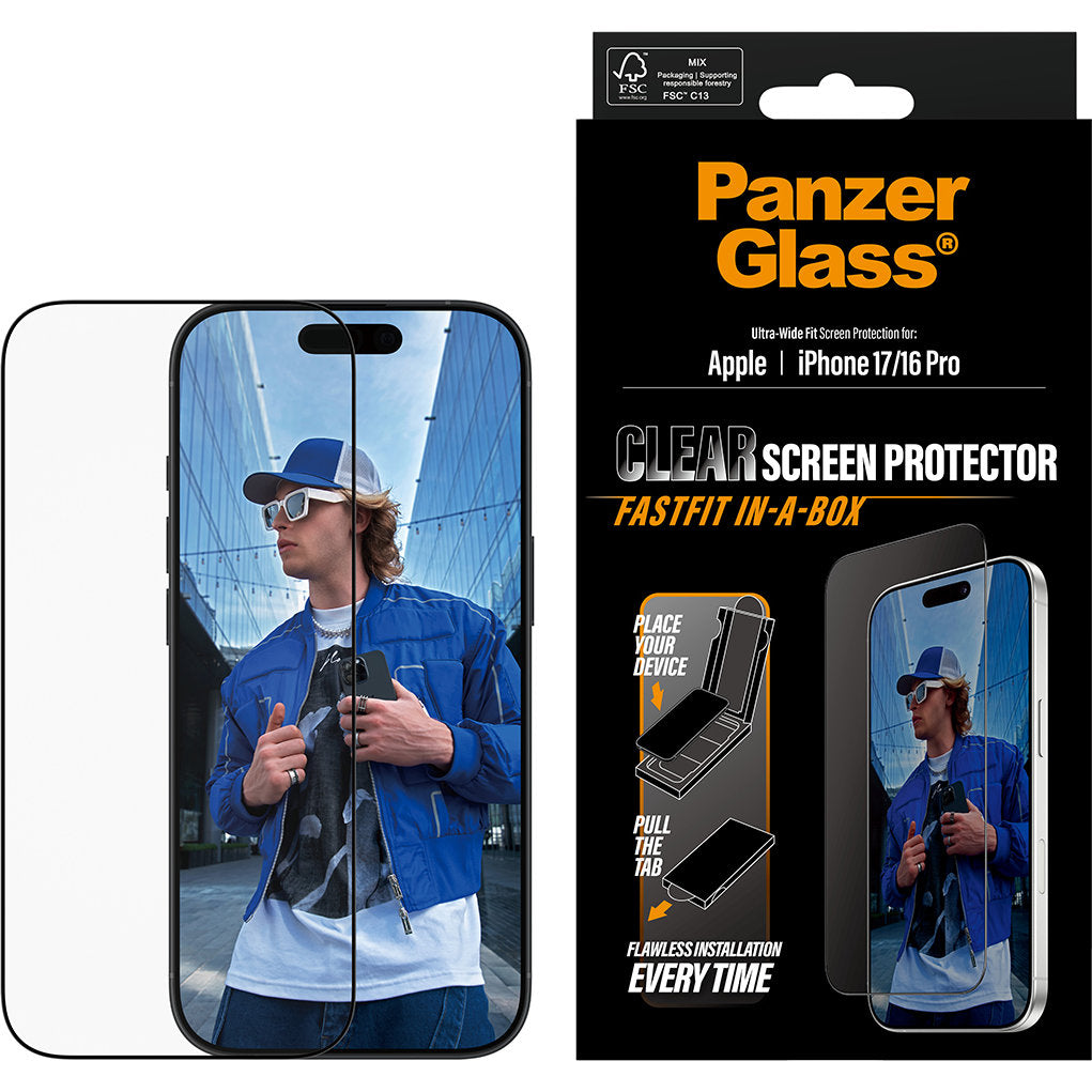 Gehärtetes Glas mit Applikator für die Schutzhülle für iPhone 17 / 16 Pro, PanzerGlass ClearUltra-Wide Fastfit