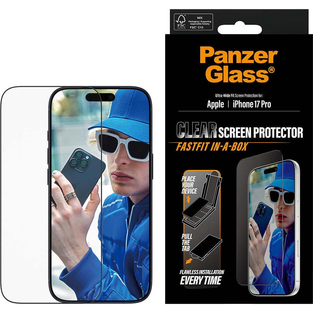 Gehärtetes Glas mit Applikator für die Schutzhülle für iPhone 17 Pro, PanzerGlass Clear Ultra-Wide Fastfit
