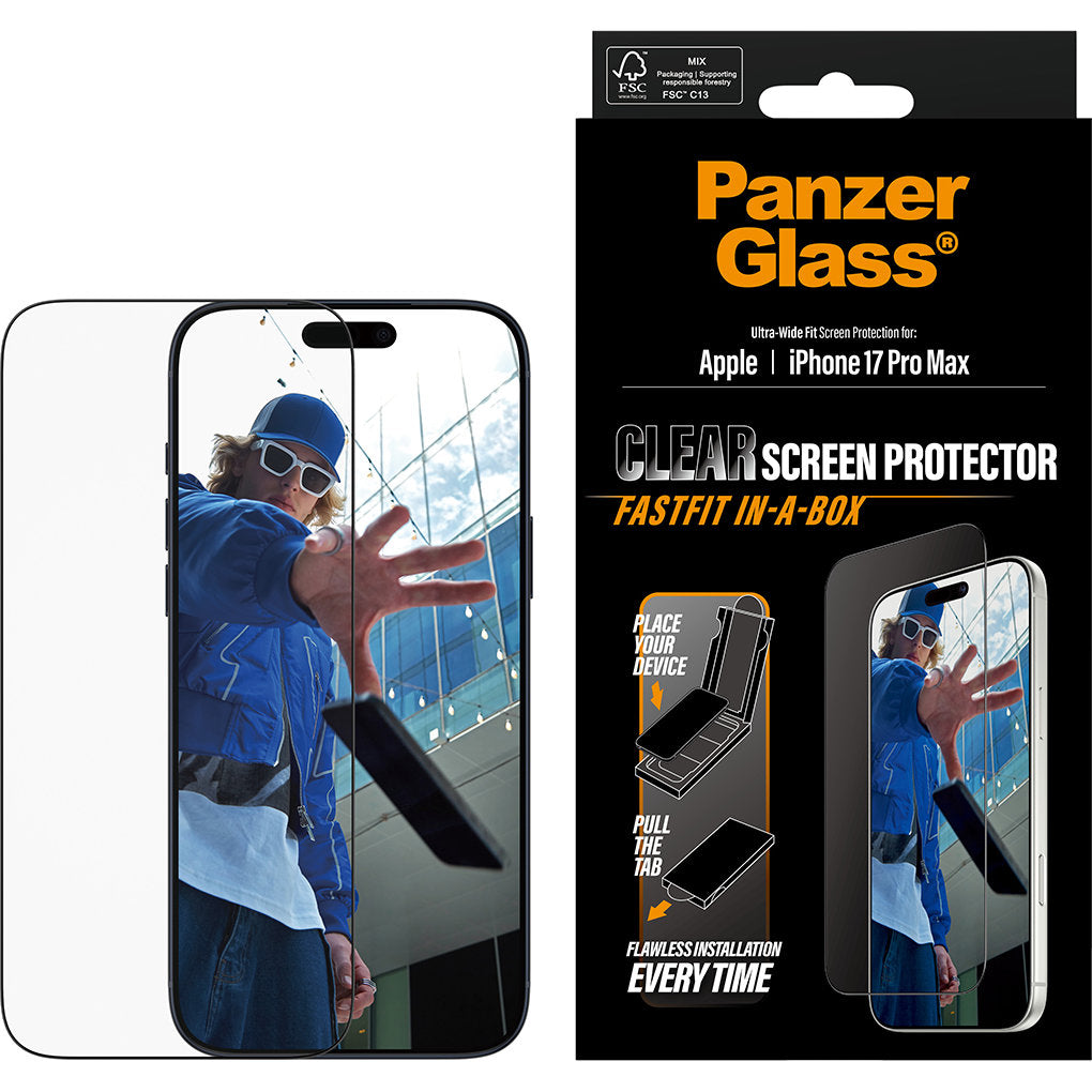 Gehärtetes Glas mit Applikator für die Schutzhülle für iPhone 17 Pro Max, PanzerGlass Clear Ultra-Wide Fastfit
