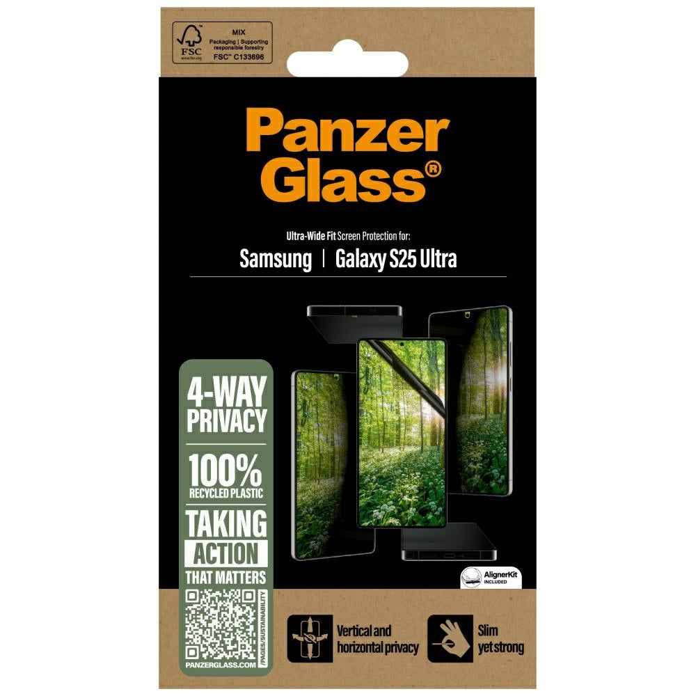 Sichtschutzglas mit Applikator für Galaxy S25 Ultra, PanzerGlass Ultra-Wide Fit Matrix + AlignerKit