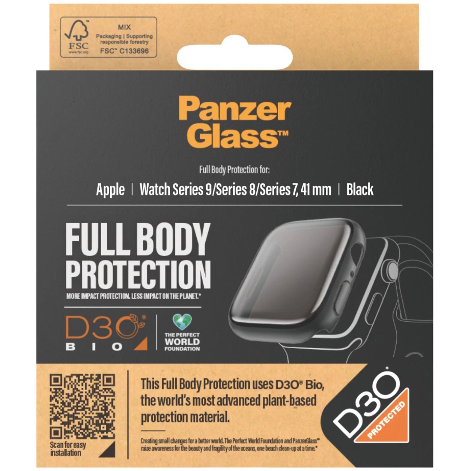 Hülle mit integriertem gehärtetem Glas PanzerGlass Full Body Protection für Apple Watch 9/8/7 41 mm, Schwarz